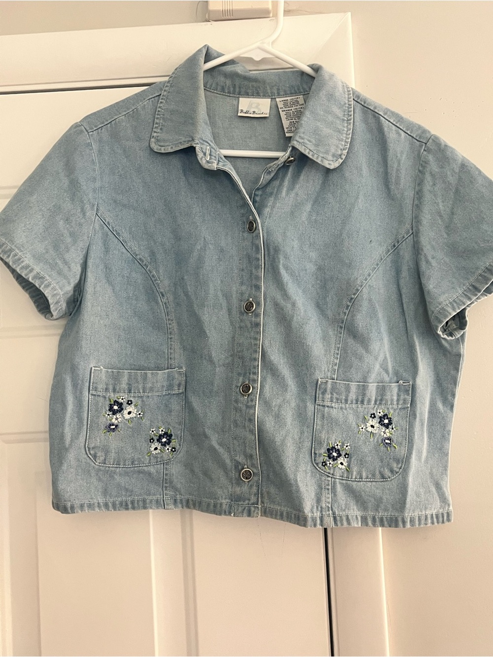 Bobbie Brooks Light Blue Denim Button-Front Shirt with Embroidered Pockets